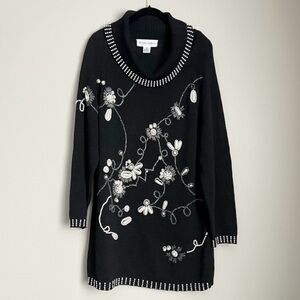VTG Black Long Sleeve Knit Dress Embellished Pearls Dark Fairy 80’s Grandmacore
